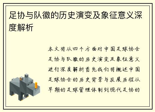 足协与队徽的历史演变及象征意义深度解析